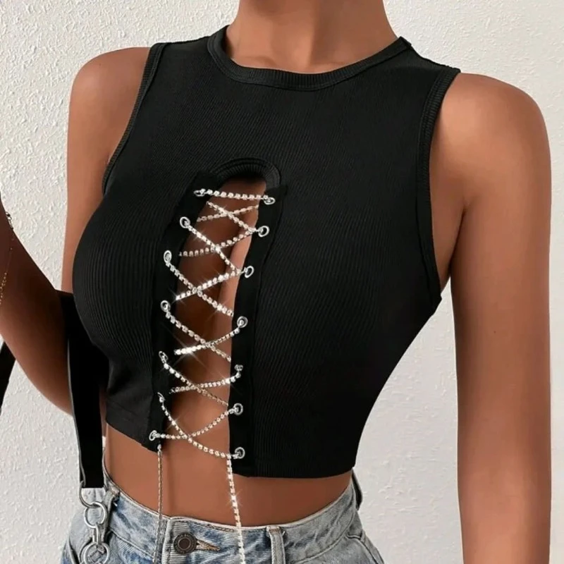 

New Sexy 2023 Spring Bandage Sleeveless White T-Shirts Women Tees Tops Club Hollow Out V Neck Bodycon Skinny Female Tops Short