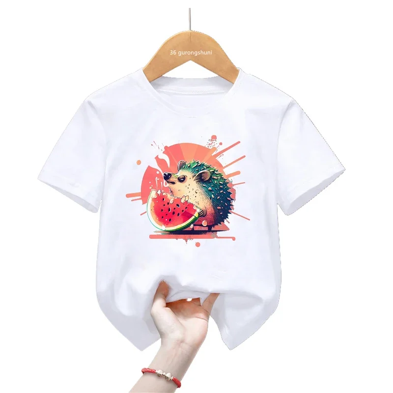 

2024 Hedgehog Eating Pizza/Watermelon Print T Shirt For Girls/Boys Funny White Kids Clothes Harajuku Kawaii Tshirt Summer Tops