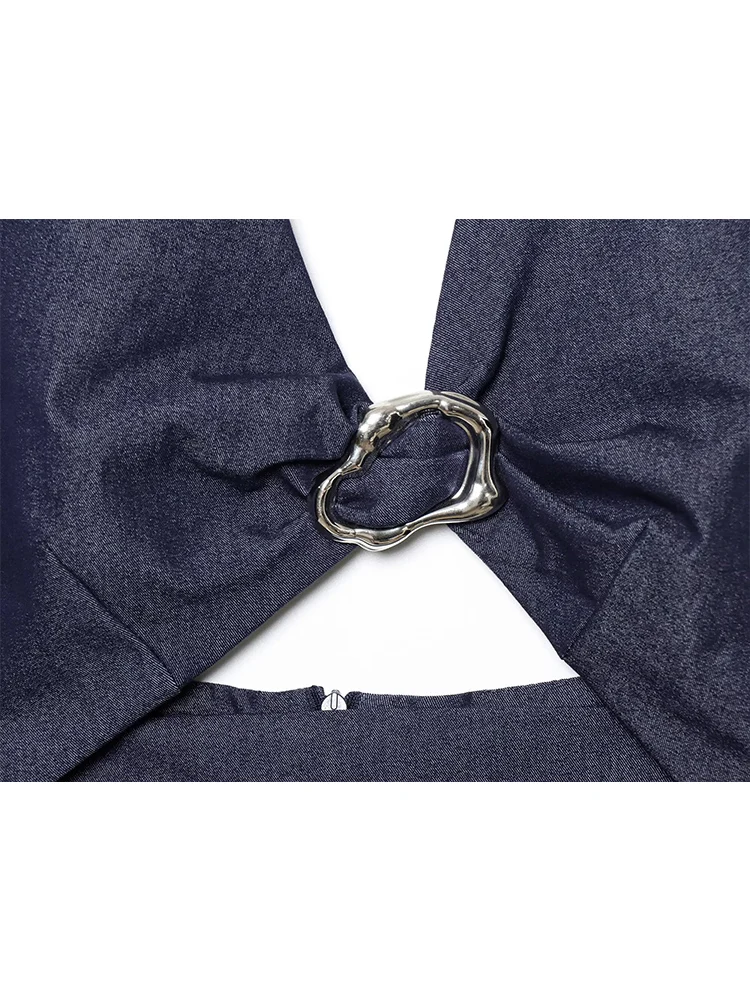 TFMLN 2025 Female Halter Hollow Denim Dress Solid Sleeveless Backless Metal Decoration Midi Dresses Summer Beach Holiday Outfit