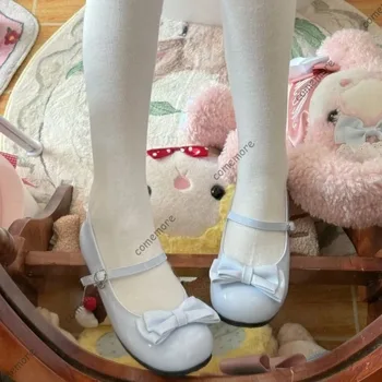 Comemore Women's Lolita Shoes Women Flats Low Round Cross Straps Bow Cute Girls Flat Bottom Party Shoes Students Lovely Shoes 1