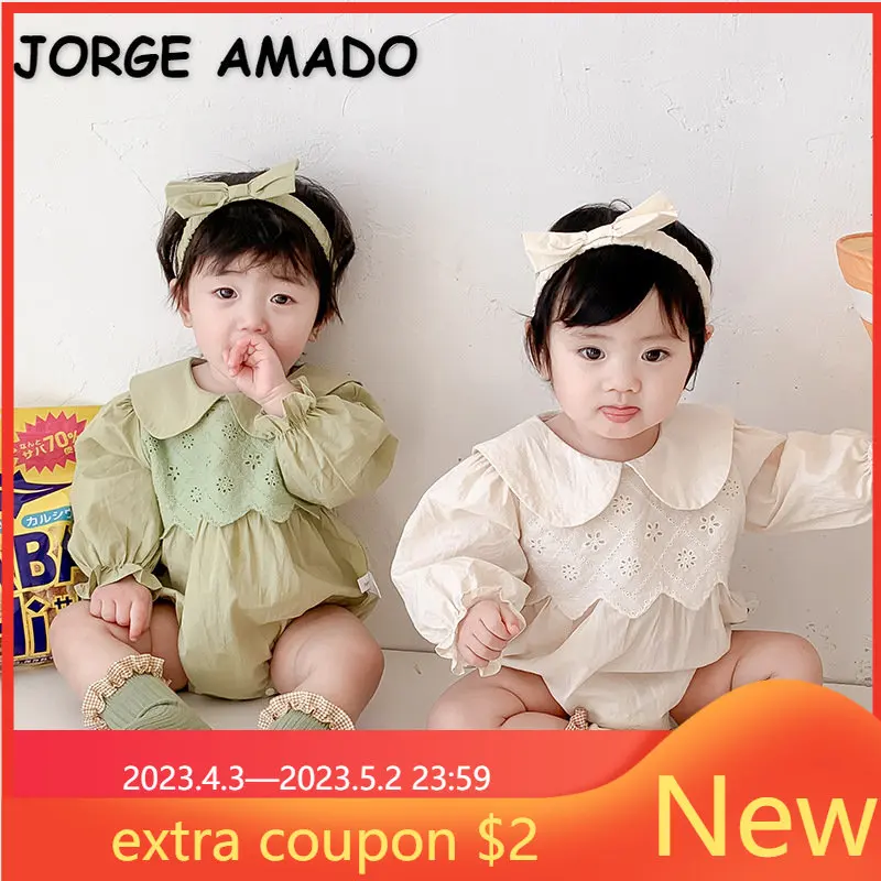 

Korean Style Spring Baby Girl Bodysuit Cute Peter Pan Collar Lace Patchwork Jumpsuit + Headwear Newborn Cotton Clothes EH808