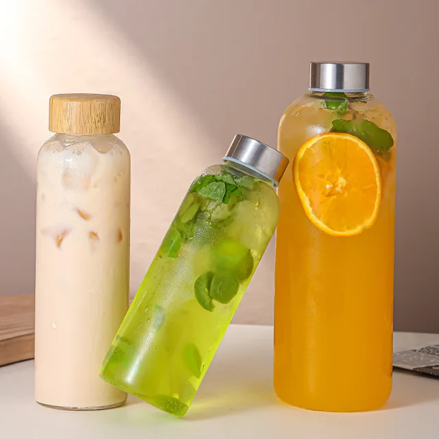 1pc Borosilicate Glass Bottle with Stainless Steel Lid & Bamboo Lid - Leak-Proof High-Temp Resistant Drink Container Glass Jar 2