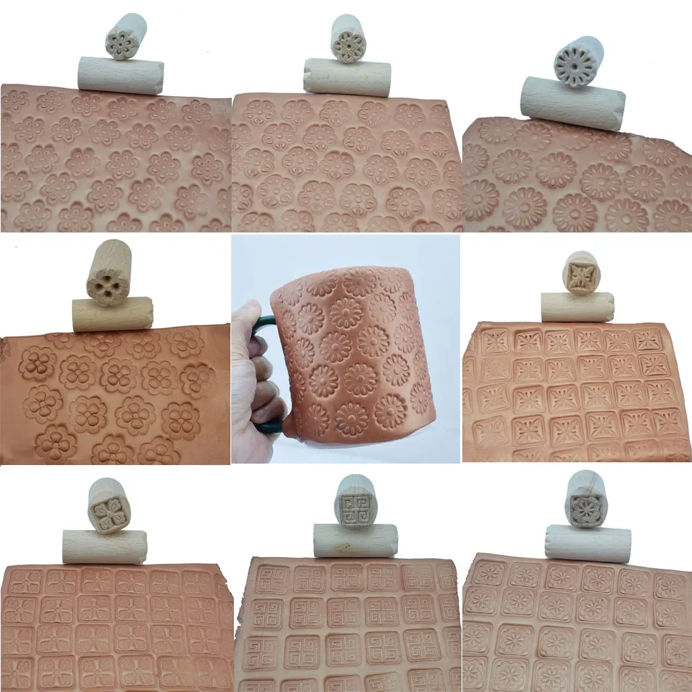 Pottery Stamp 8 Design Daisy Flower Baroque Morroco Square Texture Polymer Clay Stamp Emboss Wood Seal Block Ceramic Art Tool