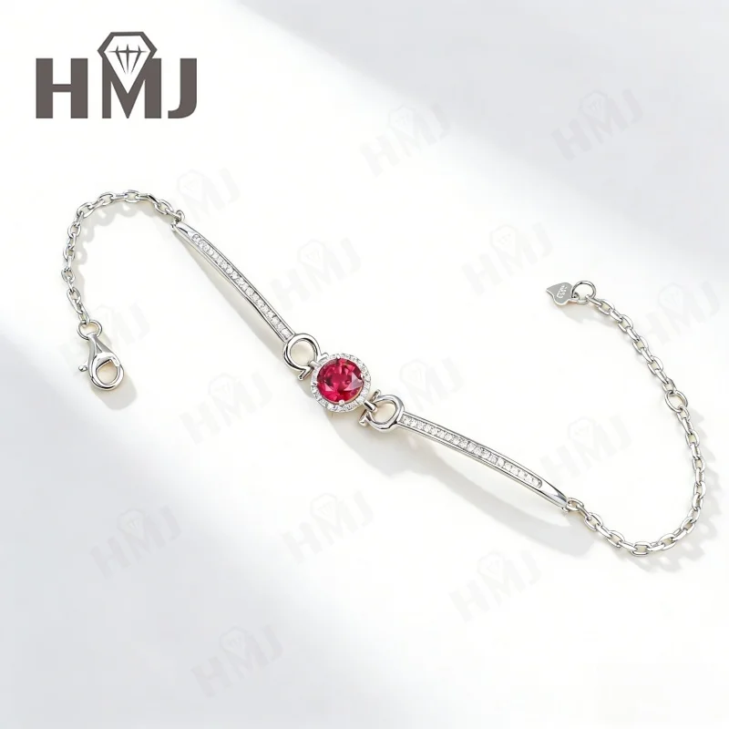 Im Labor hergestelltes Rubin-Saphir-Padparadscha-Armband mit Rundschliff, Weißgold, edler Schmuck, Geschenk zum Jahrestag – Detail 5