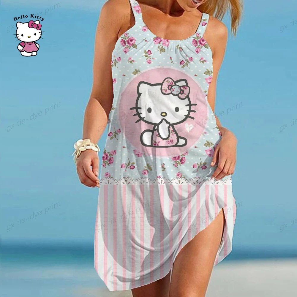 

Hello Kitty Print Women's Summer Dress, Loose Casual Dress, Round Collar, Beach Dress, Mini Dress