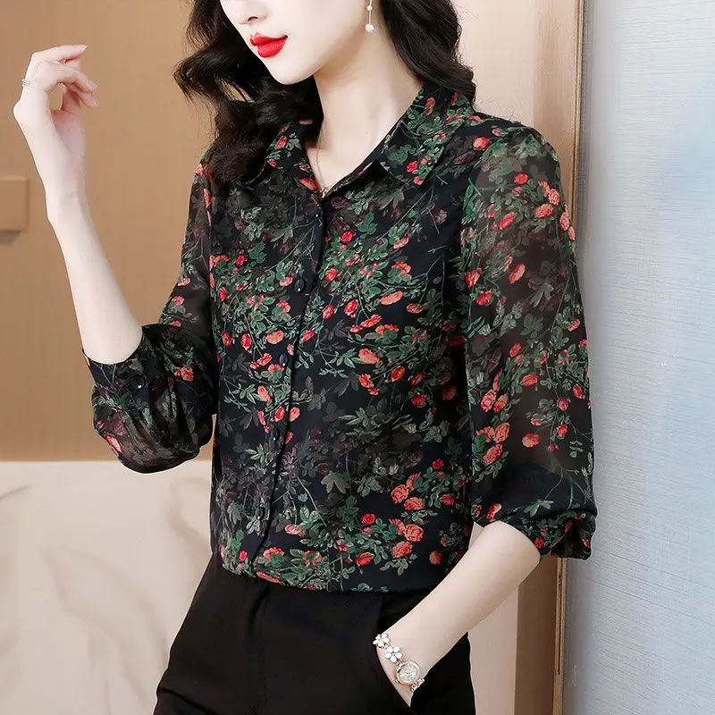

2024 Women's Spring Autumn New Floral Print Chiffon Shirt Female Long Sleeve Buttons Blouses Ladies Loose Casual Shirts E763