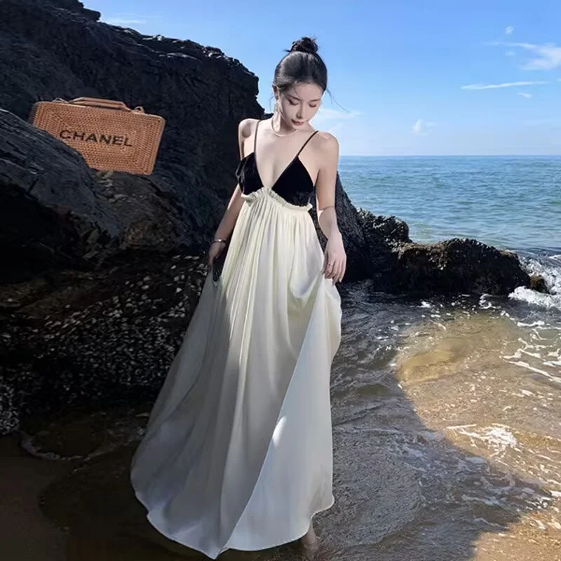 

Women Dress Summer Solid Simple Elegant Beach Long Dress Black White Patchwork Holiday Casual Spaghetti Strap Dress Vestidos
