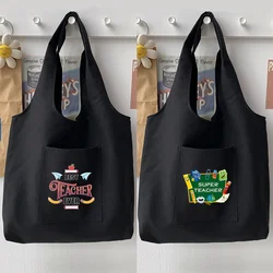 Casual Cartoon Black Shoulder Bag Woman Handbag Cute Teacher Pattern Printing Tote Bag Canvas Large Capacity Soft Commuter Bag