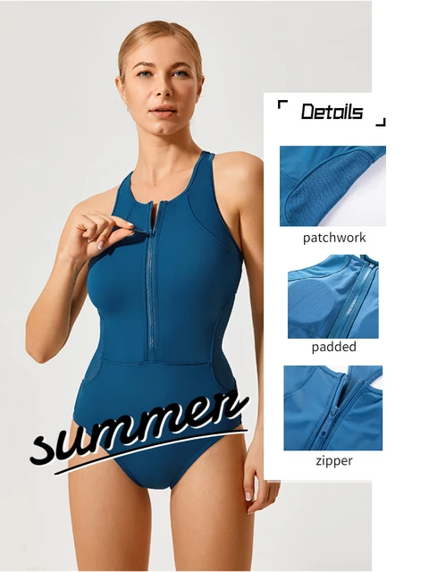 Women's Athletic One Piece Swimsuit Front Zip Training Swimwear Qxuan