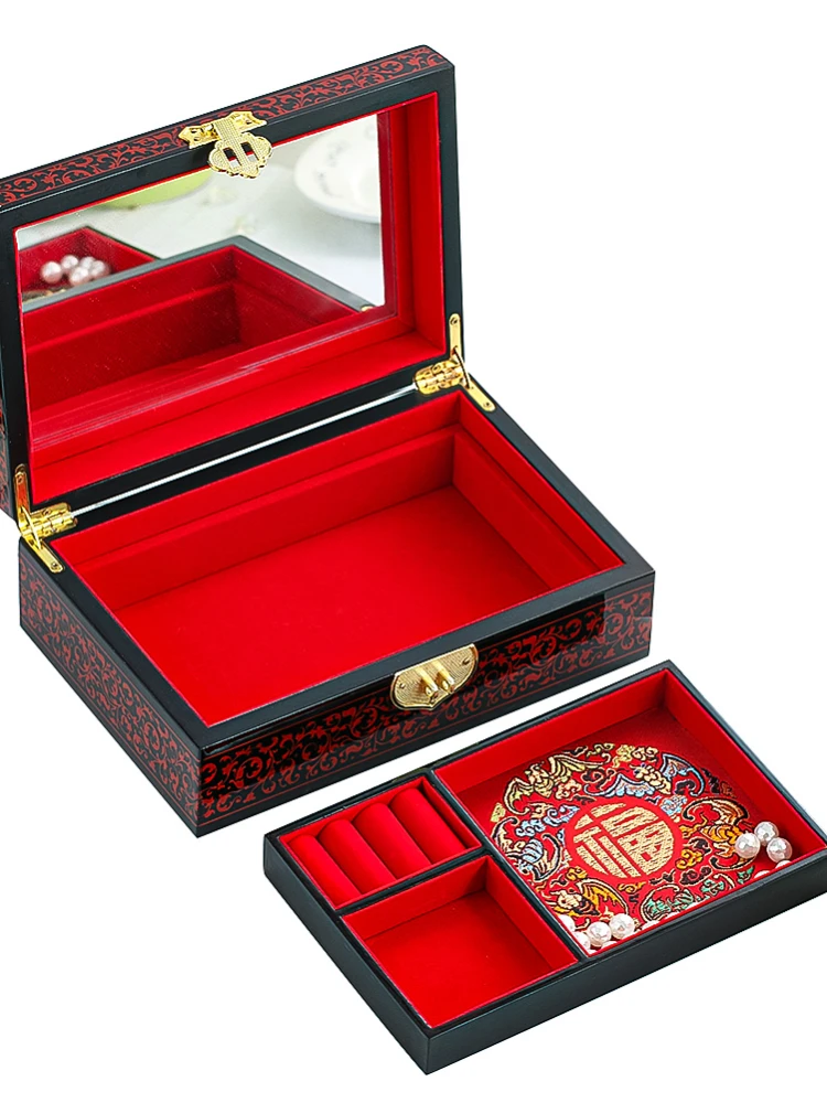 Antique Chinese Storage Box Handmade Lacquerware Dragon and Phoenix Solid Wood Wedding Jewelry Organizer Makeup Box with Mirror - Image 6