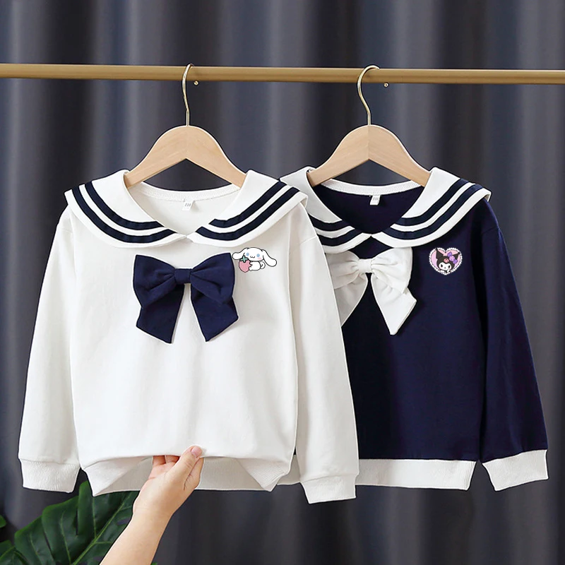 New Sanrio Cinnamoroll Kuromi Children's Long Sleeve Jk Set Cute Cartoon Summer College Style Navy Neck Girls' Top Skirts Gift