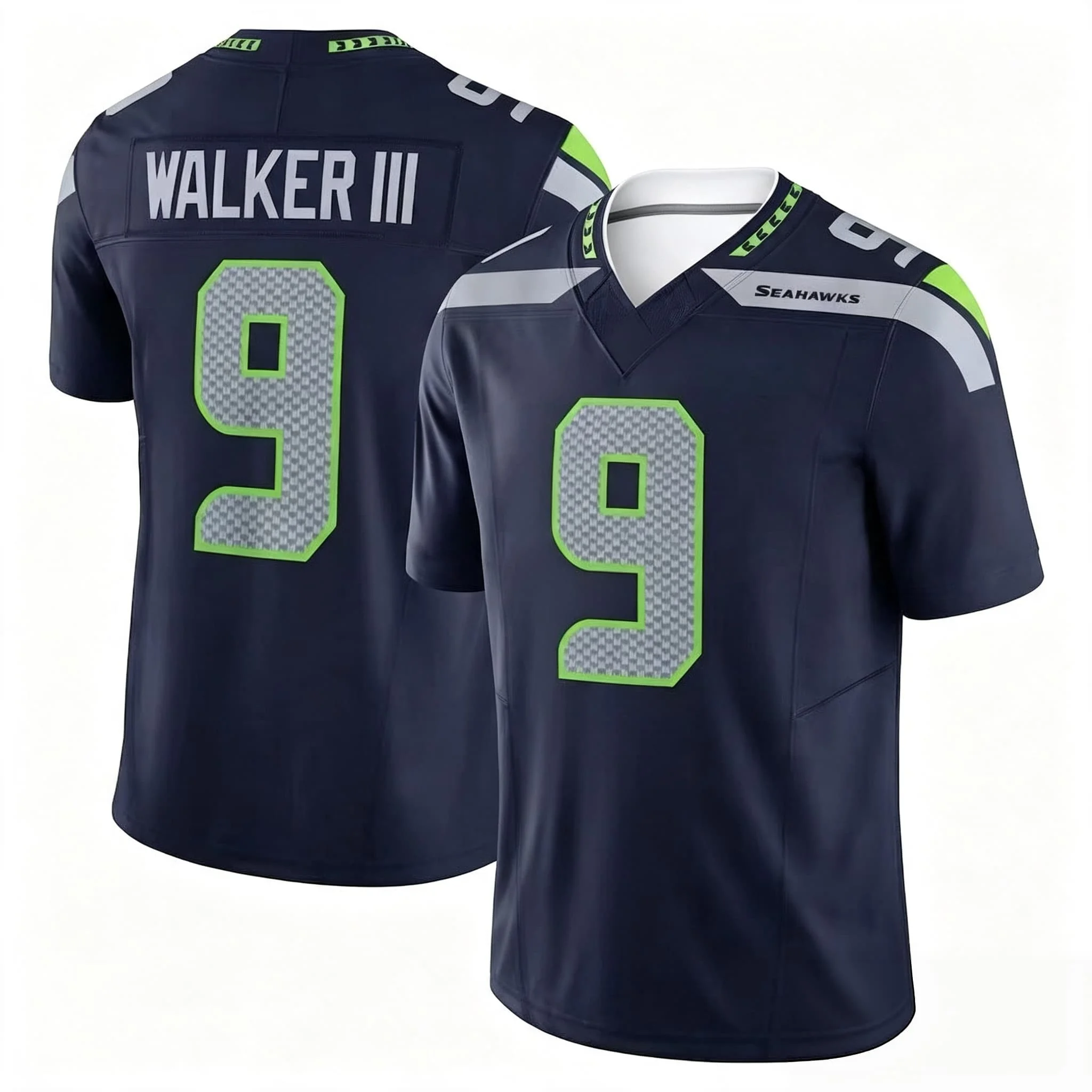 Männer # 9 Walker III Navy Heim-Footballtrikot mit Mesh, digitaler Nummer, neon-grünem Besatz, V-Ausschnitt, Seahawks Spiel-Fan-Trikot, Familien-Partnerlook