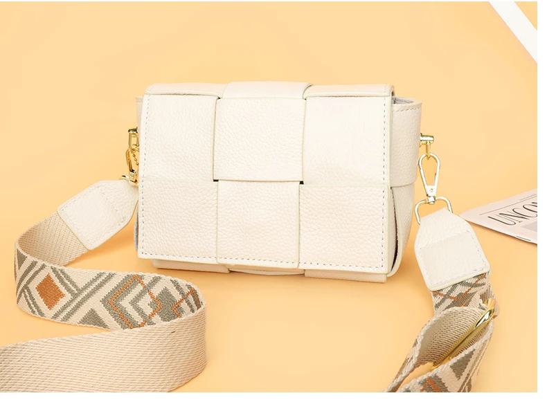 100% Cowhide Women's Shoulder Bags Genuine Leather Woven Crossbody Bags Wide Straps Messenger Bags Fashion Designer Brands Totes