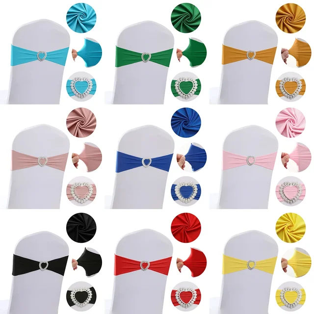 Party Stretch Chair Sashes Bands with LOVE Heart Buckles Bows for Wedding Banquet Birthday Decoration Ceremony Event Reception