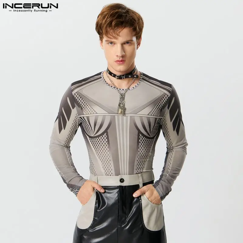 

INCERUN 2023 Sexy Fashion Style Mens Homewear Bodysuits Mesh Print Perspective Thin Rompers Triangle Long Sleeve Jumpsuits S-5XL
