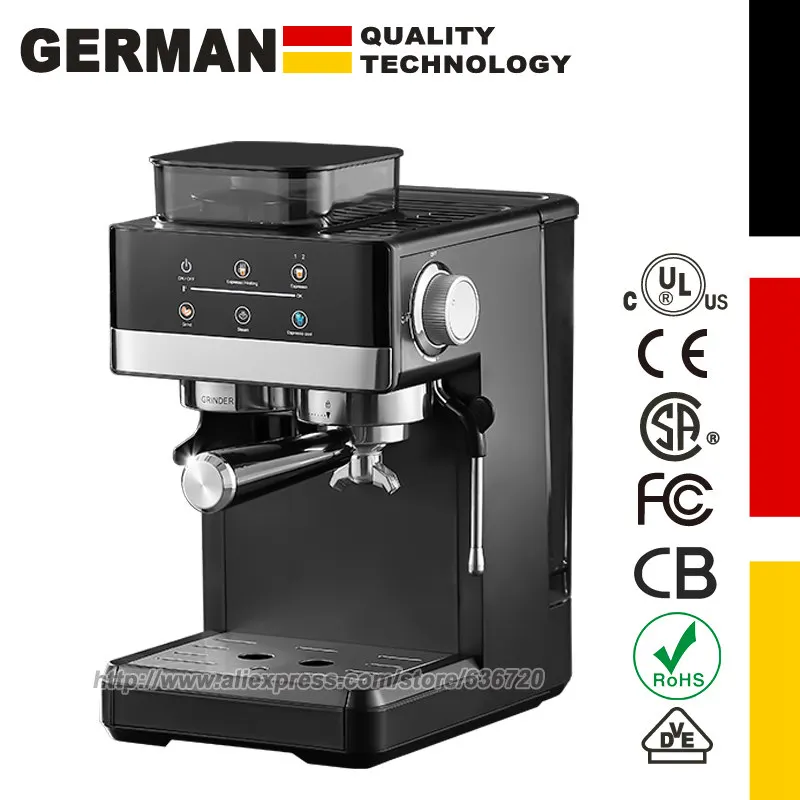 Ekspres do espresso z młynkiem, ekspres do cappuccino w stylu baristy z trzpieniem parowym do spieniania mleka, ze zdejmowanym zbiornikiem na wodę