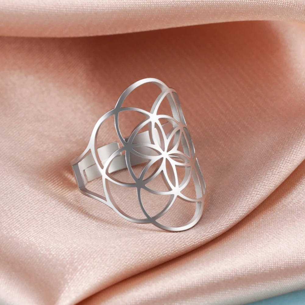 Lucktune Ring „Saat des Lebens“ aus Edelstahl, geometrisches Blumenamulett, verstellbarer Ring für Frauen, Retro-Schmuck, Valentinstag, Party-Geschenk – Detail 8