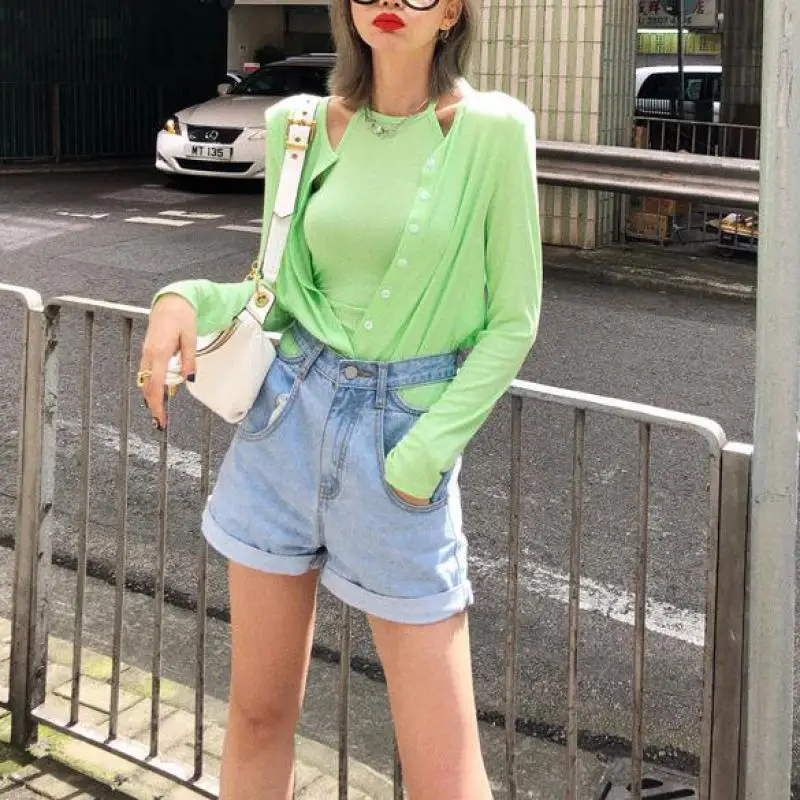 2021 Women Korean Light Blue Hollow Out Short Jeans Female New High Waist All-match A-line Denim Shorts Summer Casual Clothing