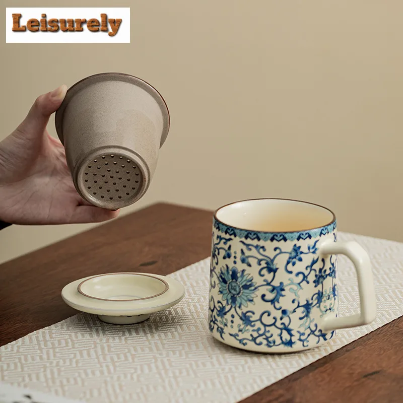 400ml Ru Kiln Blue And White Blessed Office Work Water Cup Ceramic Filter Tea Separator Cup With Lid Special Tea Mugs Gift Box