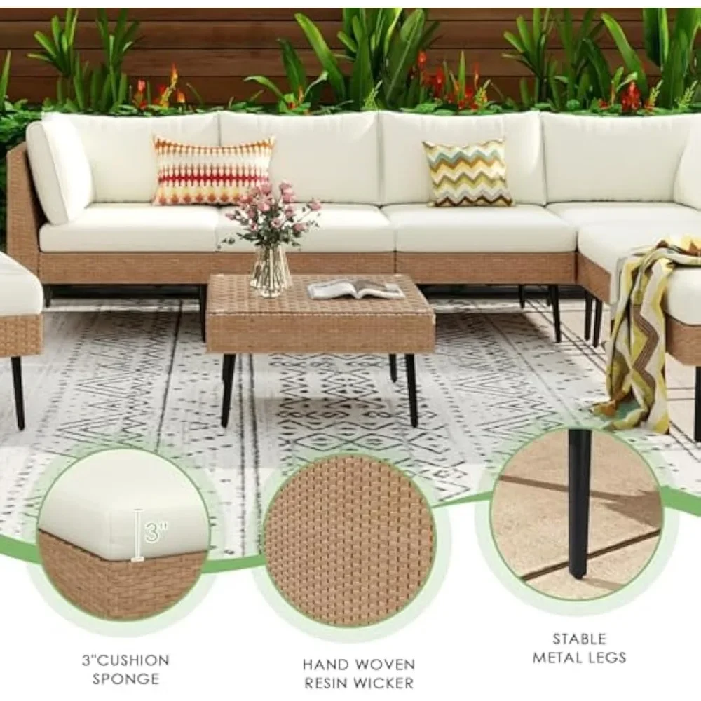 8 Piece Outdoor Patio Furniture Set,PE Rattan Wicker Patio Conversation Sets, All Weather Sectional Sofa with Cushion for Garden 3