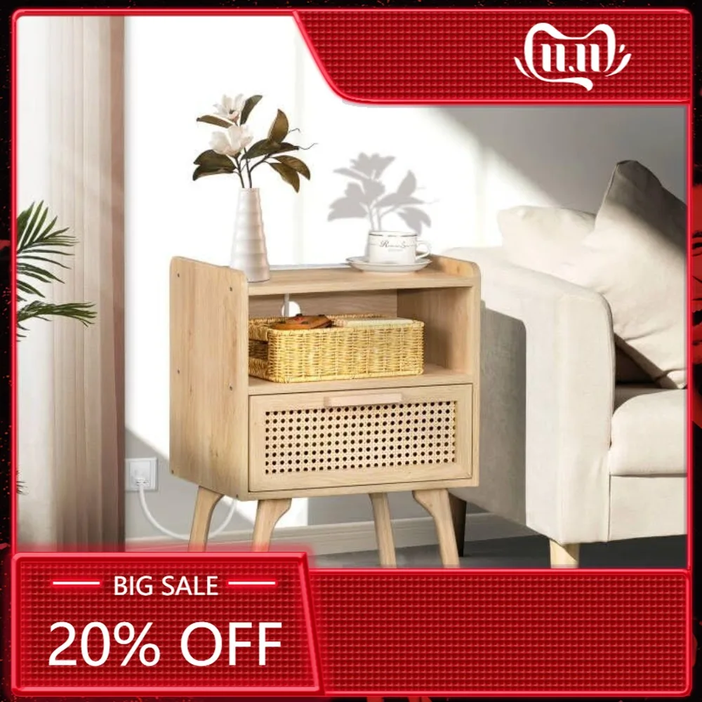 Rattan Nightstands Set of 2 with Charging Station, Boho Side Table with Drawer Open Shelf, Cane Accent Bedside End Table with S