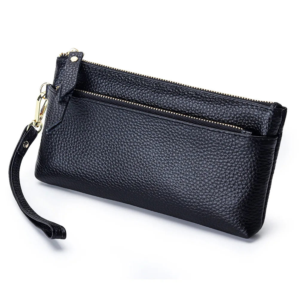 Women's Wristlet Clutch Purse Genuine Leather Clutch Cellphone Smartphone Long Wallet Vintage Purse Travel Double Zip Wristlets