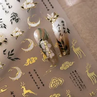 Chinese Style Gold Stamped God Deer Moon Auspicious Clouds Crane Lotus Flower 3D Self-adhesive Nail Art Stickers Manicure Decals 1
