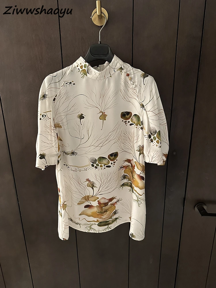 

High Quality Summer Women Fashion Runway Designer Short Lantern Sleeve Pullovers Floral Printed Loose Silk Chinese Style Tops