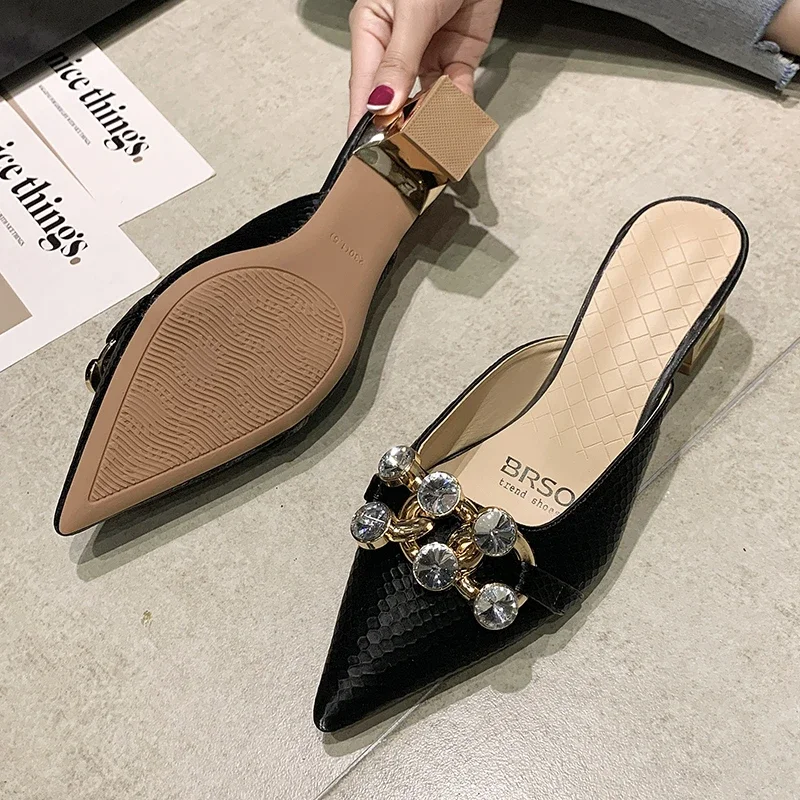 Sexy High Heel Mules Ladies Leather Sole Slippers Women Crystal Shine Metal Chian Pointed Toe Platform Mules Slip on Shoes Woman