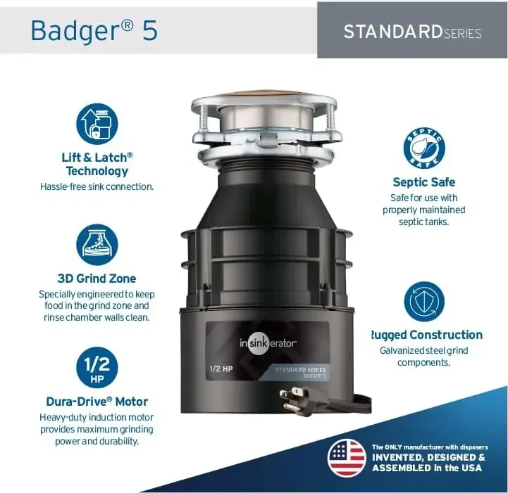 InSinkErator Badger 5 Garbage Disposal with Power Cord, Standard Series 1/2 HP Continuous Feed Food Waste Disposer