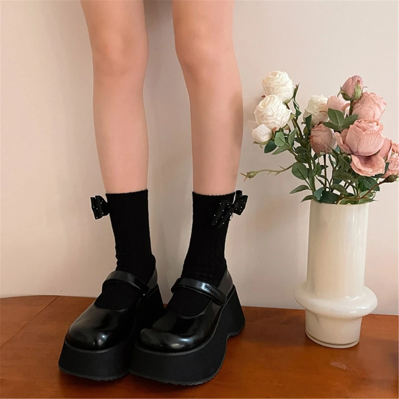 

Женские длинные носки в рубчик, гольфы, однотонные носки до середины икры с бантом