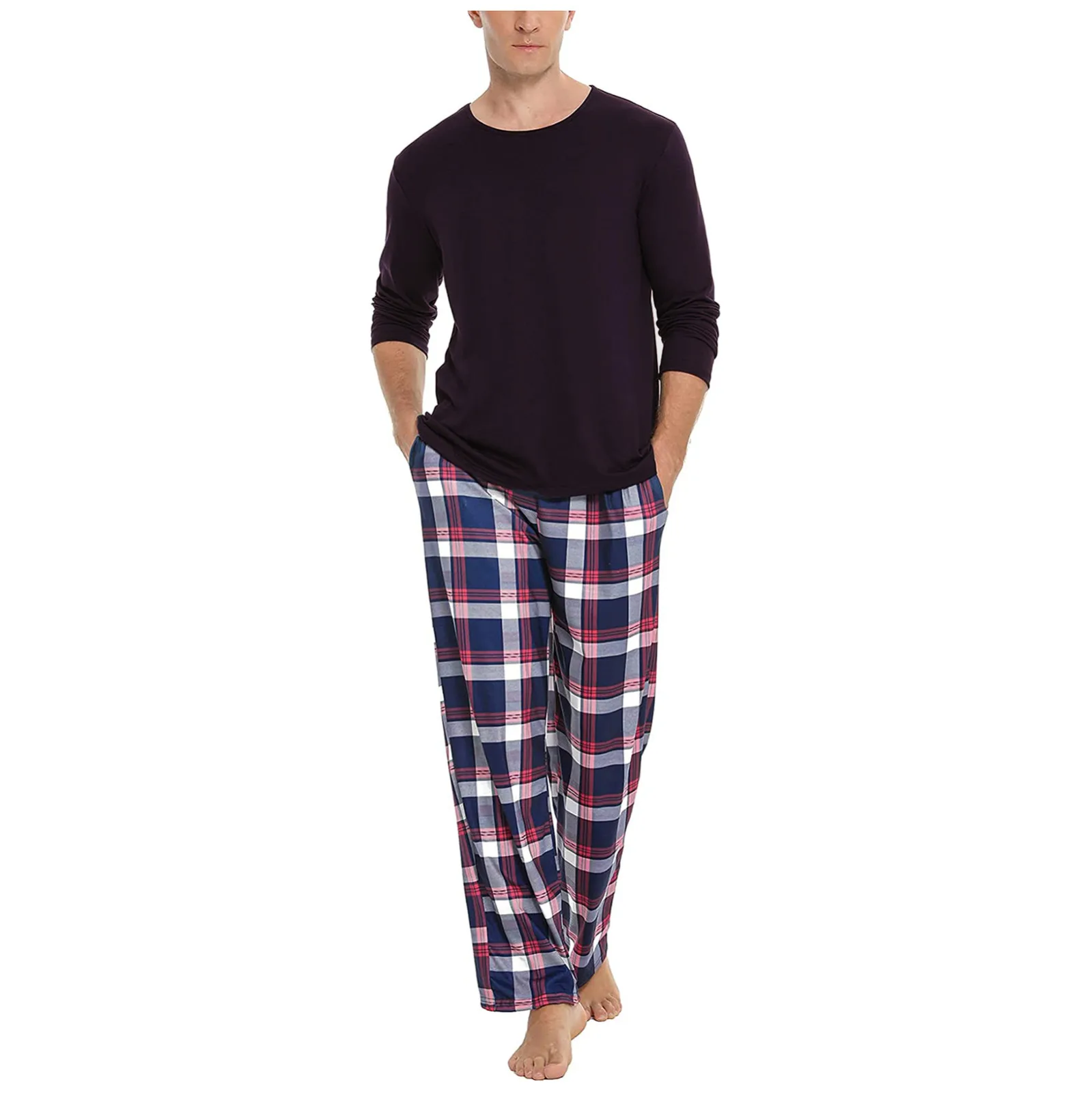 Men's textured plaid terry casual long-sleeved shirt and corduroy pants set