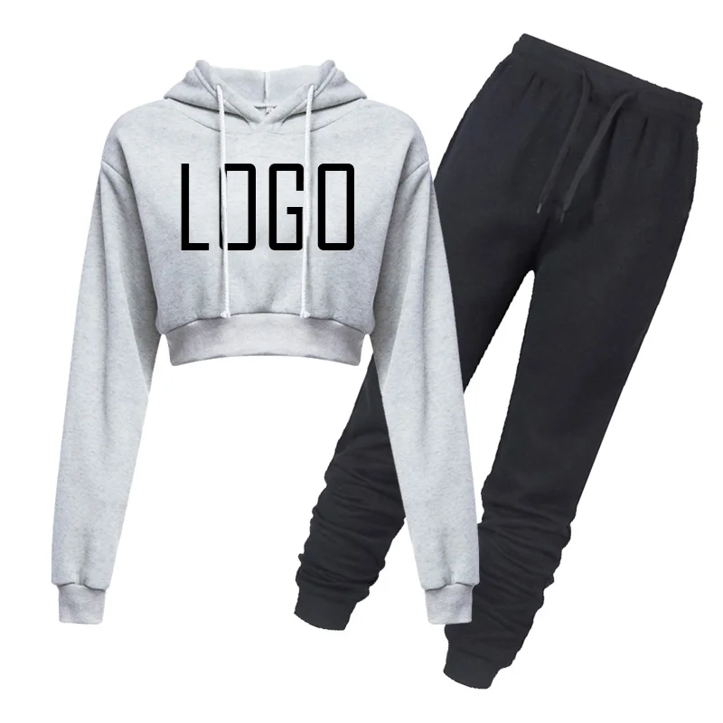 Custom Your Logo Women Solid Crop Top Hoodied Fleece Clothing Long Sleeve Drawstring Pants Tracksuit 2 Pieces Set Outdoor