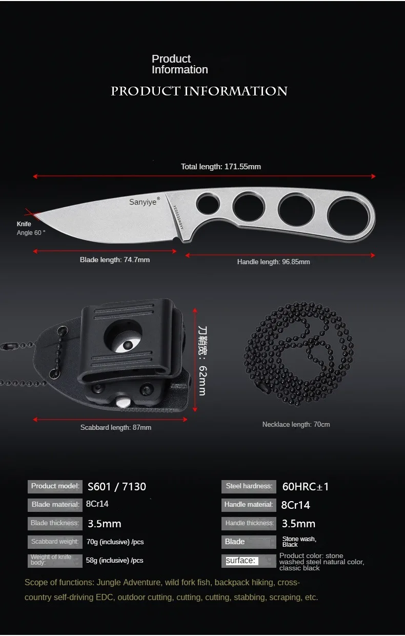 Description Picture 3 of itemSANRENMU S601 Fixed Blade Knife 8cr13 steel Camping HuntingTactical Survival kitchen Knives Tool Edc K Sheath 7130 Self defense