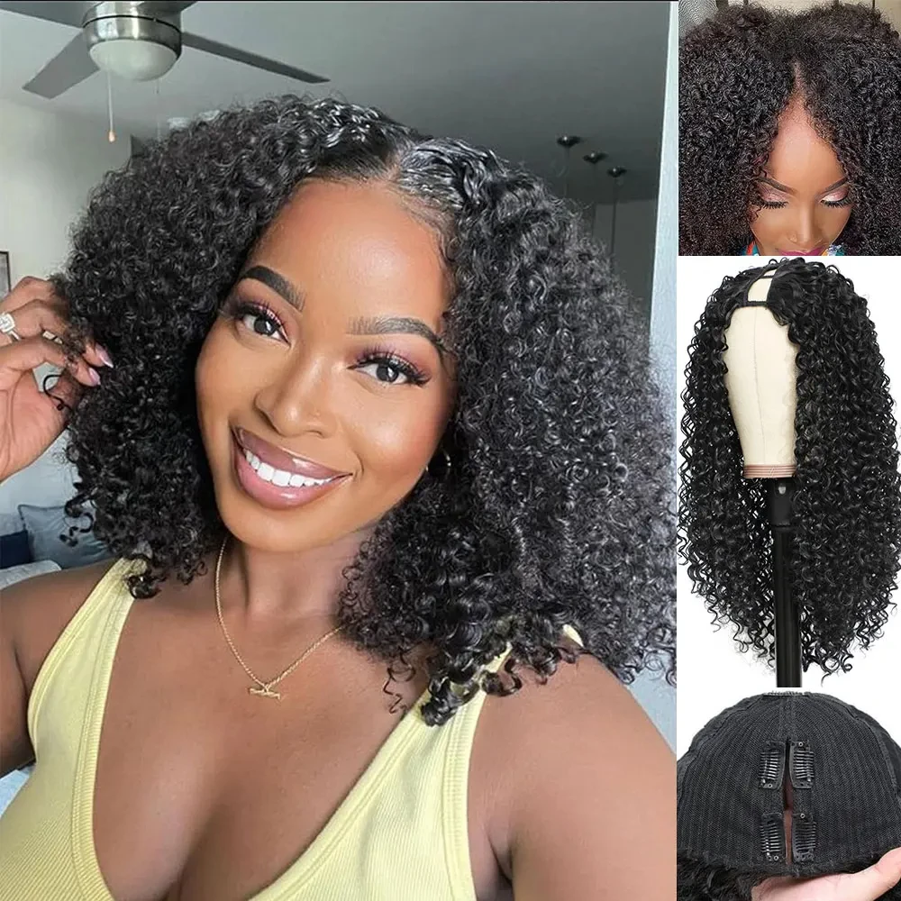 180% Density Deep Curly V Part Wig Human Hair Cheap Full Machine Made Wig Natural Black Remy Water Wave V Part Human Hair