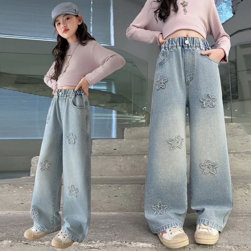 아메리칸 레트로 키즈 꽃무늬 아플리케가 있는 여아용 패션 밴딩 데님 팬츠 아동 와이드 레그 청바지