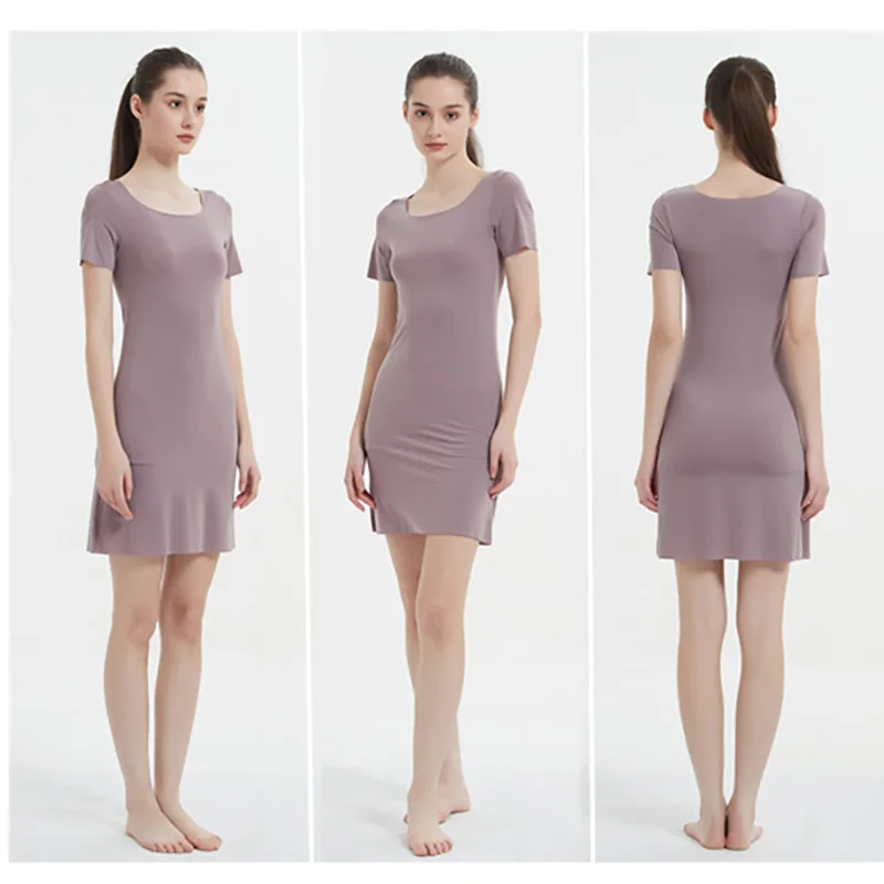 Plus Size Seamless Ice Silk Full Slips Dresses For Women Thin Summer Short Sleeve Mini Cool Petticoat Underkirt Sleepwear Dress women full slip dress