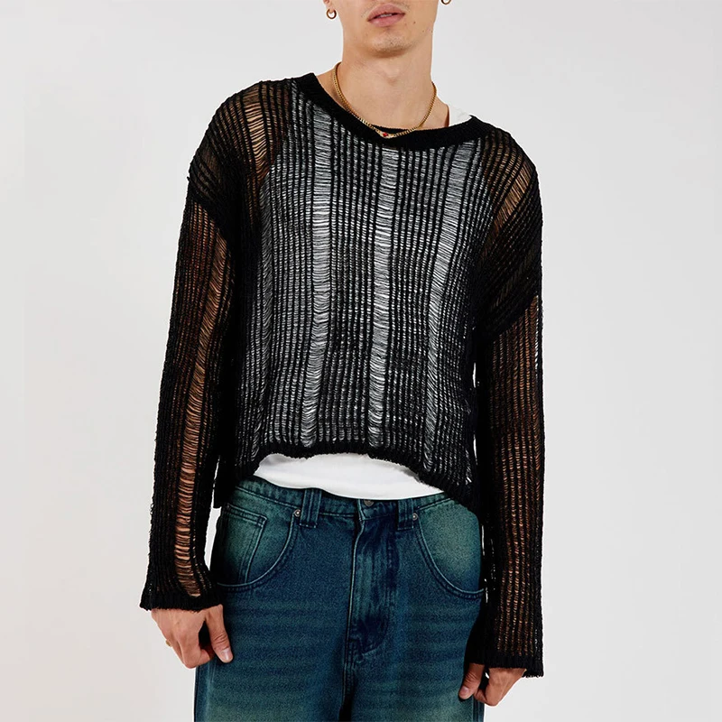 

Весенние просвечивающие вязаные футболки на заказ для мужчин, сексуальные сетчатые мужские топы с круглым вырезом, пуловер, Осенний тянущийся свитер с длинным рукавом