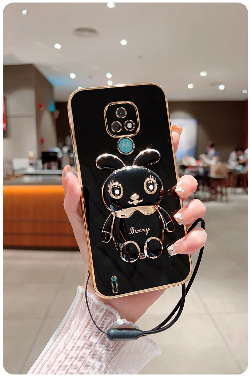3D Rabbit Astronaut CaseFor Motorola Moto G53 E7 G8 Power G9 Play G50 G20 G30 G60 G82 E20 Edge 20 Folded Bracket Plating_voghion.com