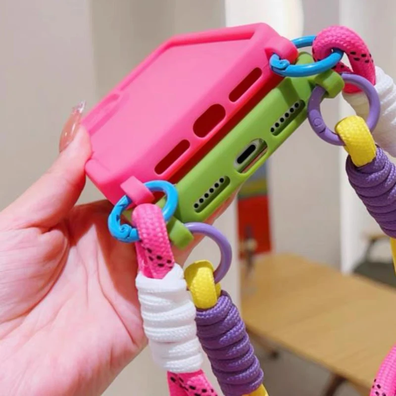 Fashion Candy Color Double Lanyard Bracelet Soft Phone Case For iPhone 16 15 14 13 12 11 Pro Max 14 15 Plus X XR XS Max 7 8 Plus_voghion.com