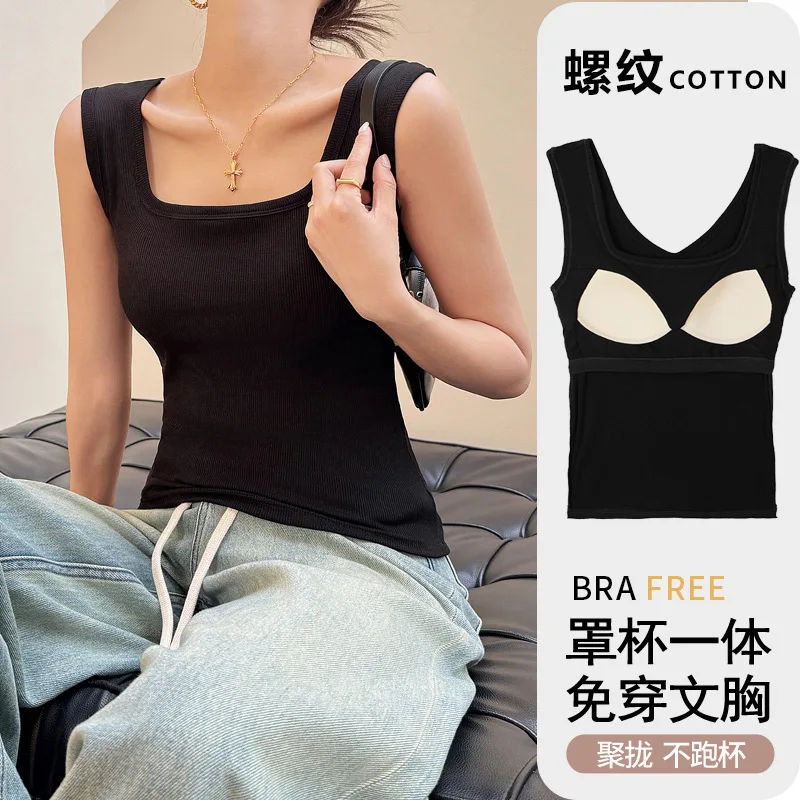 Spring Summer White Vest with Chest Pad One Bottom Strap for Women Knitted Outer Wear Y2k Tops Crop Top Women Tank Top Slim Cut