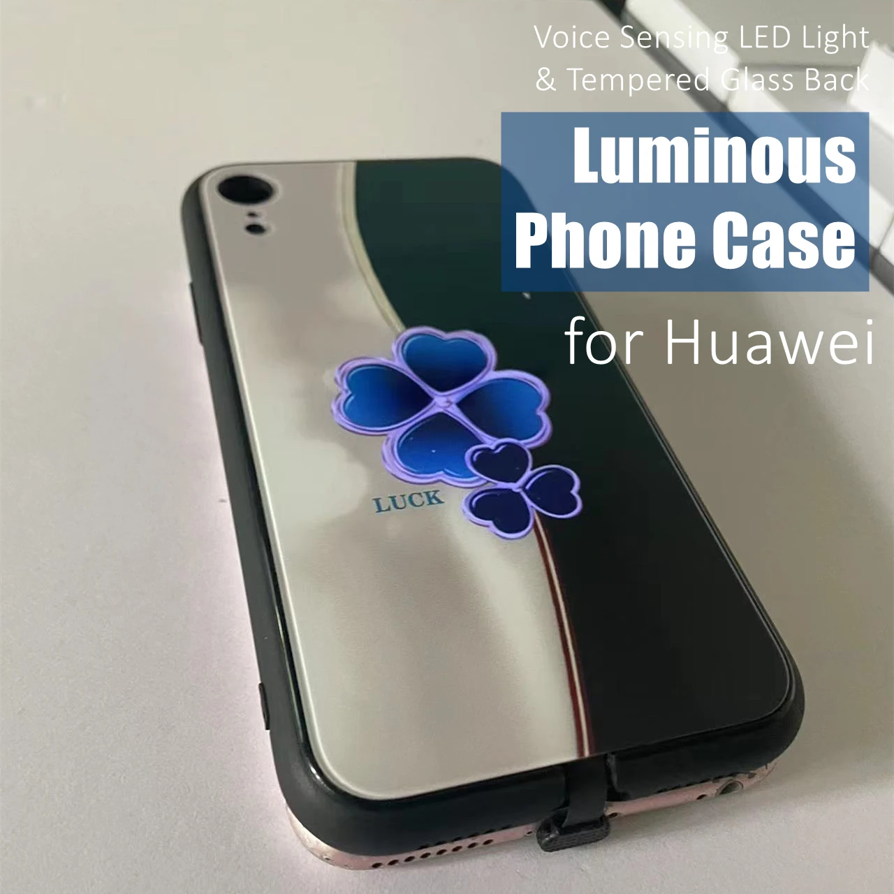 

Colorful Clover LED Light Glow Luminous Tempered Glass Back Phone Case for Huawei P30 P40 P50 P60 Mate 30 40 50 Nova 10 Pro Plus