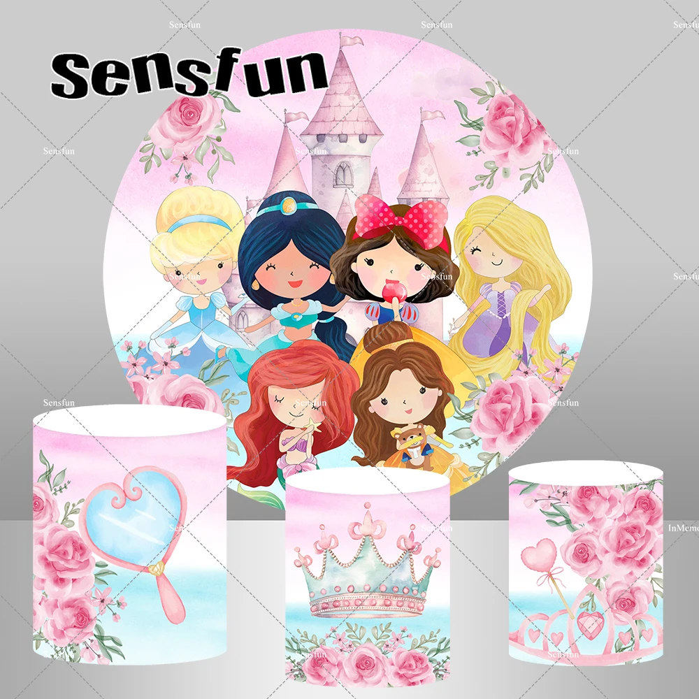 

Baby Princess Girls Newborn 1st Birthday Party Round Backdrop Castle Jasmine Belle Rapunzel Crown Rose Flowers Plinth Covers