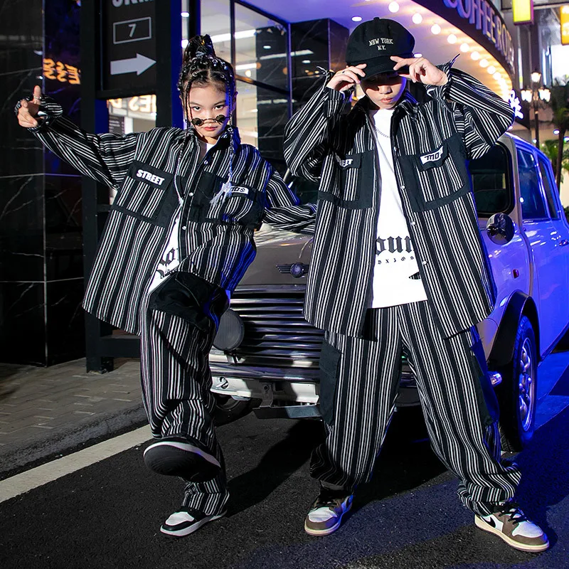 

Kids Teenage Oversize Hip Hop Clothing Black Striped Shirt Coat Street Pants for Girl Boy Jazz Dance Costume Clothes Outfits