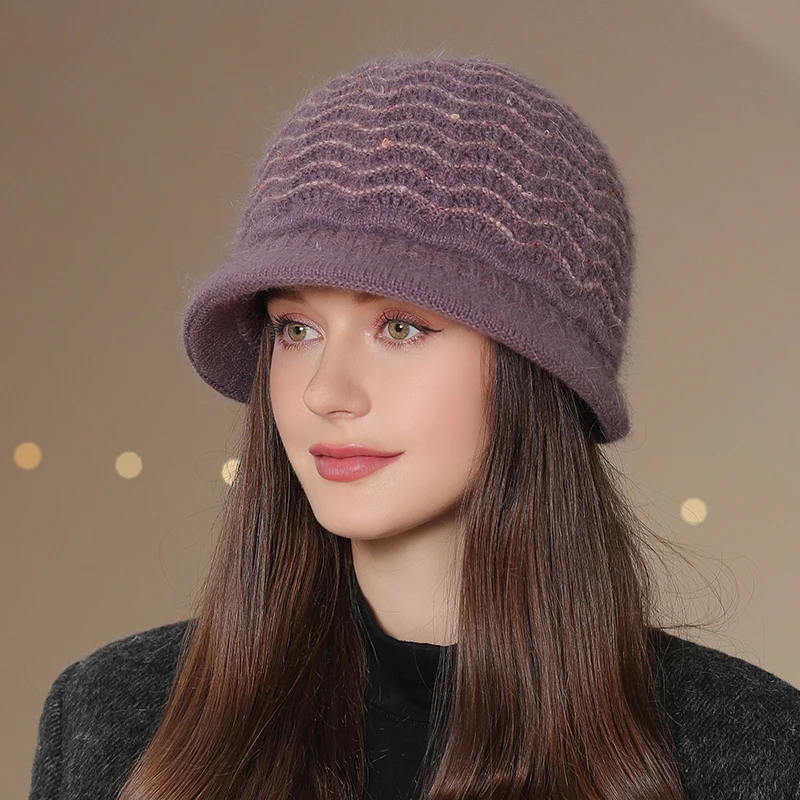 

Winter Mom Wool Hat Thick Warm Add Fur Lined Hat Fashion Hat For Women Mother Rabbit Fur Knitted Bucket Hat