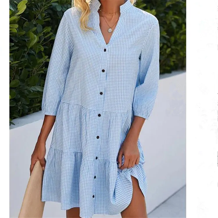 

2024 Spring Summer Five-quarter Sleeve Women's Plaid Stand Collar Shirt Dress Women's Clothing Female Casual Clothes