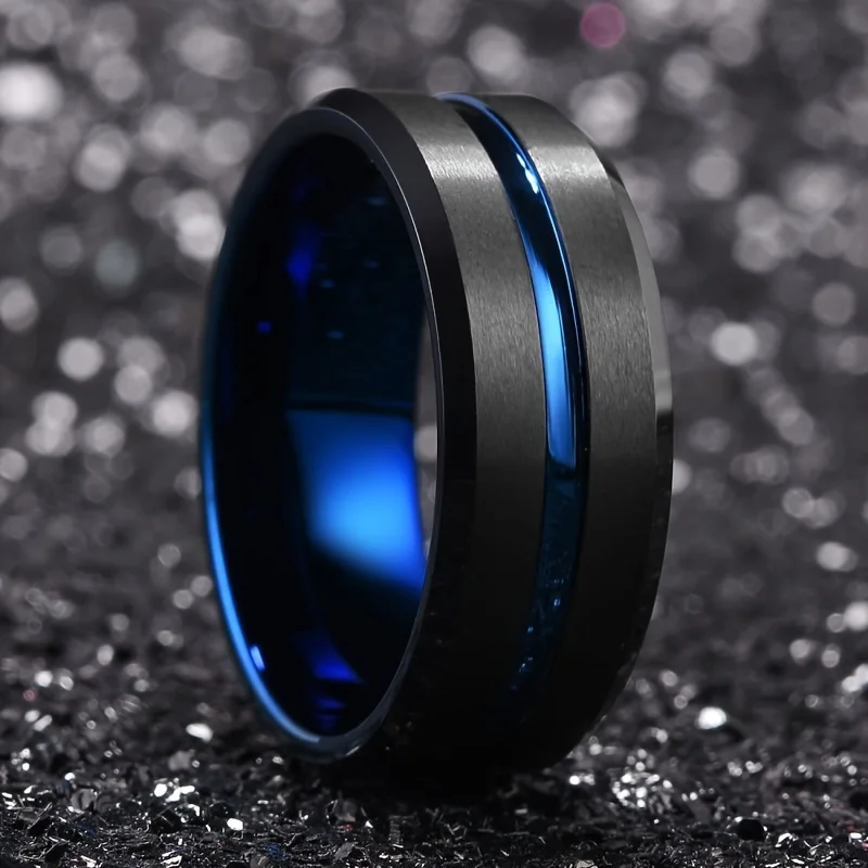 Stainless Steel Ring Fashion Men's 8mm Classical Black Blue Groove Beveled Edge Wedding Engagement Anniversary Jewelry Gift