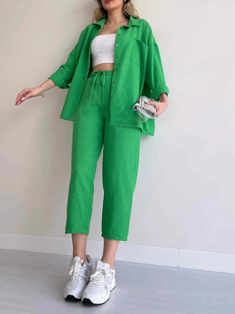 

2024 Spring Women's Sports Suit with Trousers Green Buttons Shirts Home Tracksuits Two Piece Set for Women Harem Pants Outfits