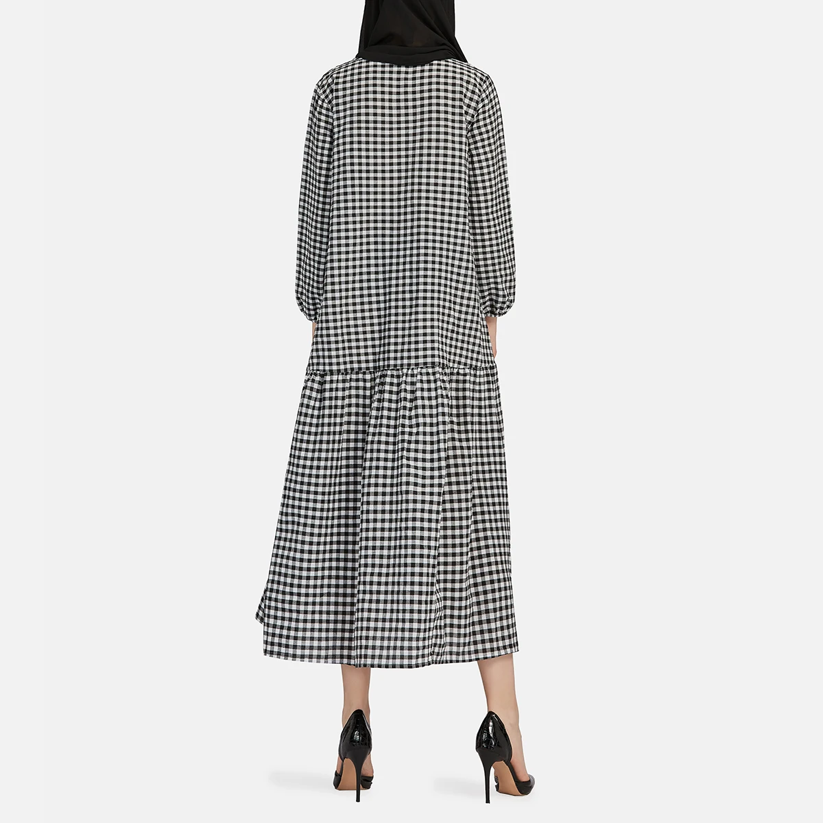 Women's Plaid Long Sleeve Dress O-Neck Pleated Casual Abaya for Muslim Lady Islamic Vintage Robe Femme Musulmane Jilbab Kaftan