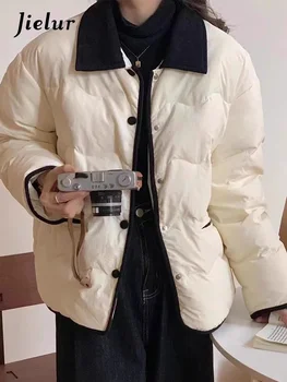 Jielur New Winter Vintage Female Parkas Korean Style Ins Warm Casual Women's Short Parkas Spell Color Black White Office Lady 1